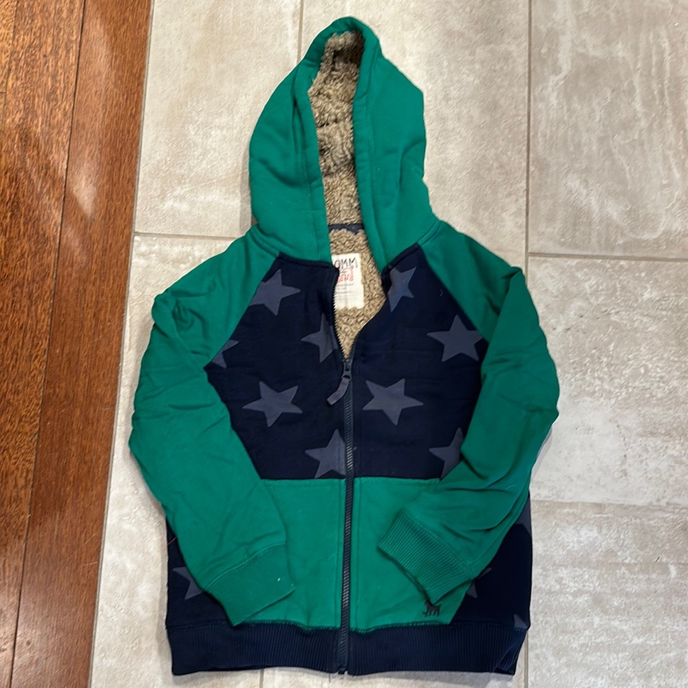 Mini Boden green sherpa lined hoodie with navy stars size 9-10